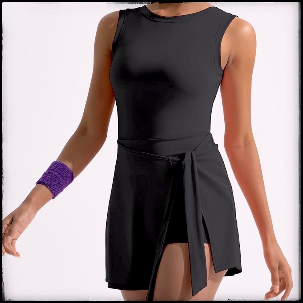 NWT Sporty Women's Black 2-in-1 Tie Waist Wrap Dress, Sleeveless Skort Romper 🖤